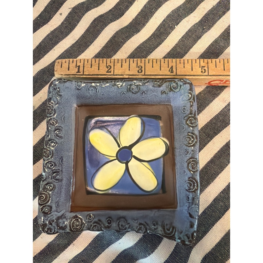 Artisan Studio Pottery Square Trinket Dish Blue Brown Yellow Floral Signed 4.75"